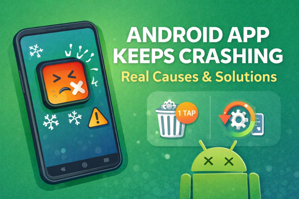 Android app keeps crashing on smartphone screen with error icon, showing causes and solutions like one-tap cache cleaning and system fixes.