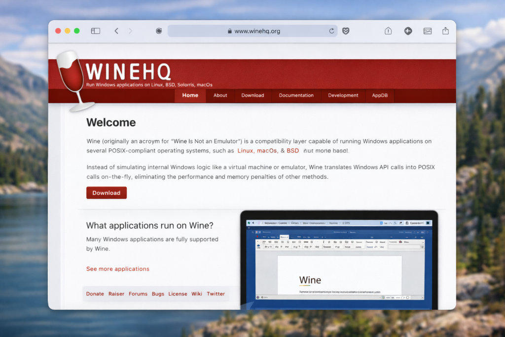 WineHQ website open on macOS Sequoia Safari